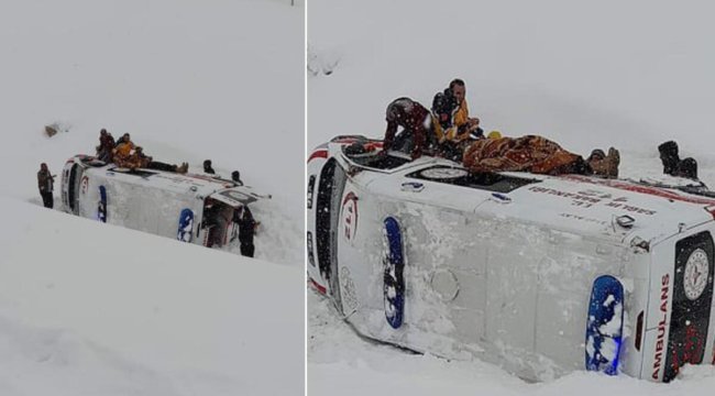 Ambulans kaygan yolda devrildi: 3 yaralı var