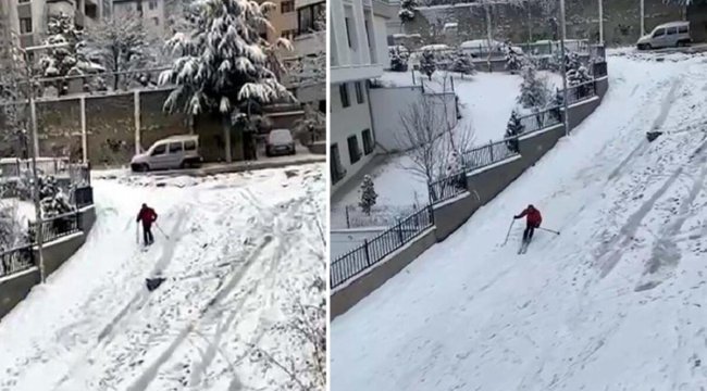 Ankara'da ilginç görüntü! Kayak takımı ile yokuştan kaydı