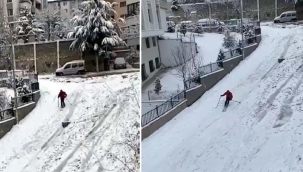 Ankara'da ilginç görüntü! Kayak takımı ile yokuştan kaydı