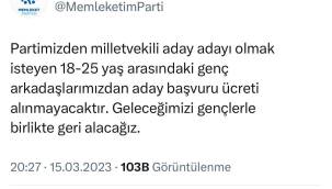 Memleket Partisi, gençlerden adaylık ücreti almayacak 