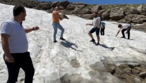 Artvin'de yaylaya çıkan vatandaşlar yazın kar topu oynadı