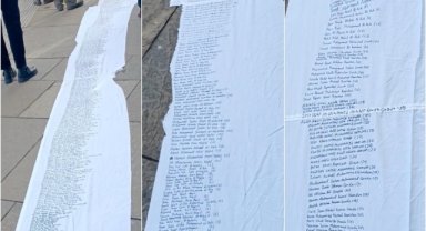 Gazze'de öldürülenlerin isimleri, İskoç Parlamentosu önünde açılan beyaz çarşafa yazıldı