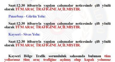 Kayseri’de Tüm Ana Yollar Yeniden Açıldı