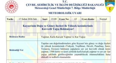 Kayseri’nin Doğu ve Güneyinde Kuvvetli Yağış Uyarısı