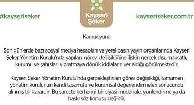 Kayseri Şeker'den Dikkat Çeken Yönetim Açıklaması