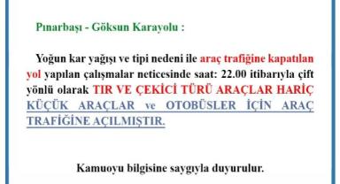 Pınarbaşı-Göksun Yolu Küçük Araç ve Otobüslere Kapandı