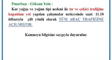 Pınarbaşı – Göksun Yolu Trafiğe Açıldı