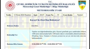 Kayseri İçin Zirai Don Uyarısı