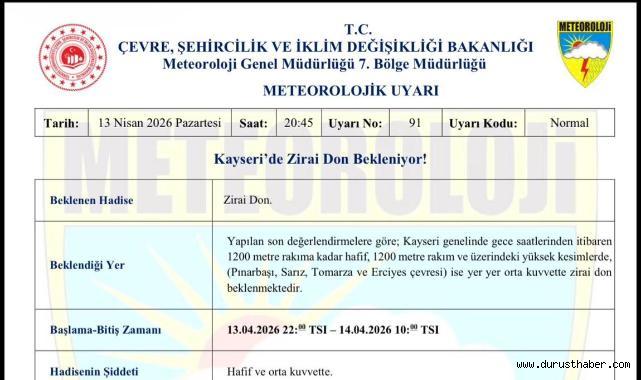 Kayseri İçin Zirai Don Uyarısı